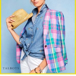 Talbots Madras plaid linen blend blazer multicolor blue pink